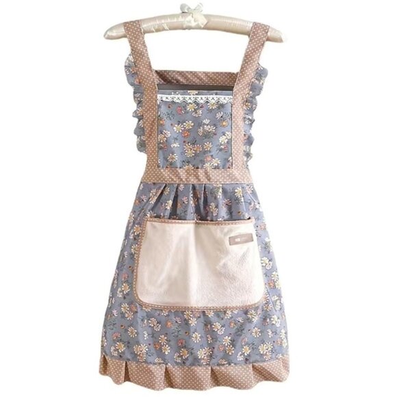 Apron Bib Sweet Vintage Retro Vibe  Pockets Waist Tie Floral Polka Dot Tan Blue - Picture 1 of 11